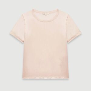 Maje Silk-Satin Logo Embroidered Short Sleeve T-Shirt Blouse Pale Pink 2/Medium